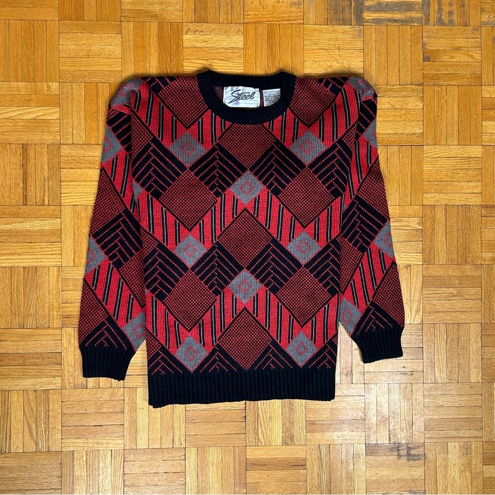 Steel Red, Black and Gray Sweater Hand Knitted XL Men’s
